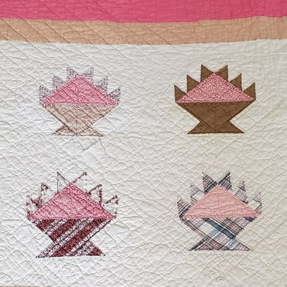 Antique 1860 -1880 Cake Stand Basket Quilt Hand Stitched Hand Piece Cotton 76x61 - Picture 11 of 12